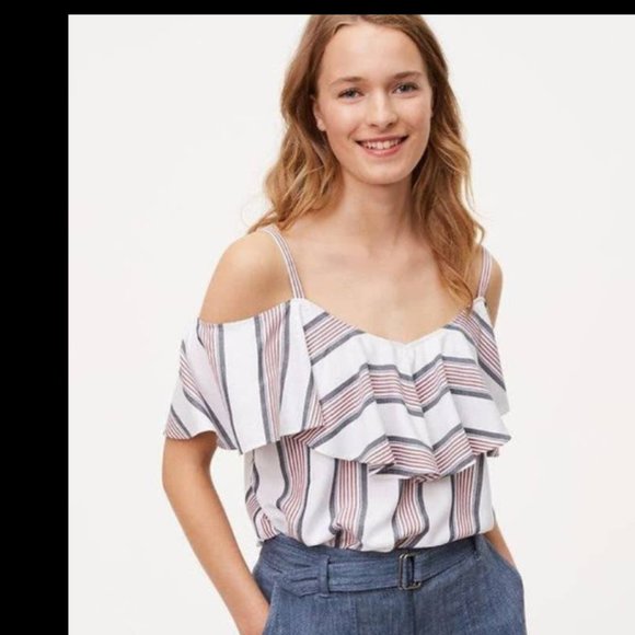 LOFT Tops - NWT Loft Striped Cold Shoulder Ruffle Top Red White Blue Blouse M